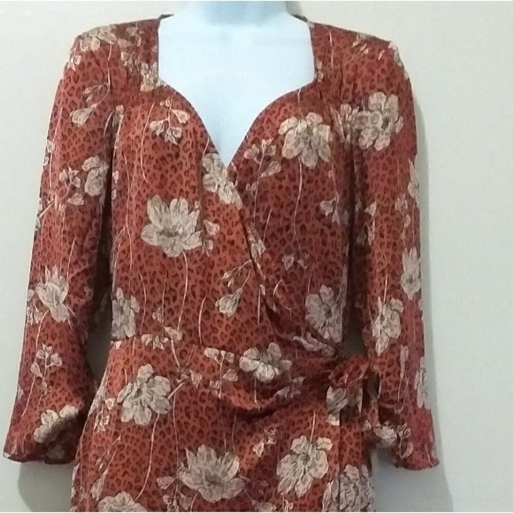 Leith Brown animal print floral boho wrap midi party women dress S Cottage Core - Picture 5 of 12